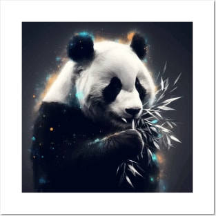 Monochromatic Panda Bear Eating Bamboo Within Rainbow Colors Posters and Art